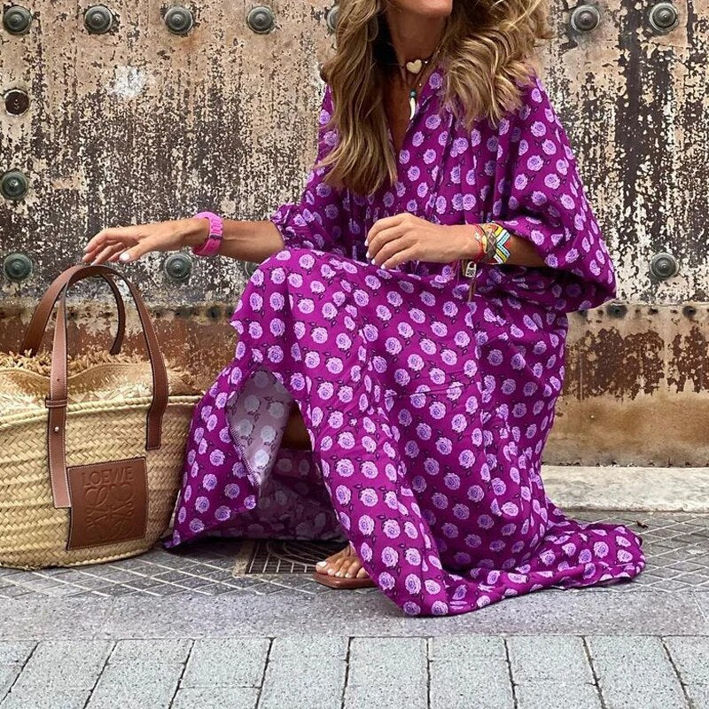 "Elegante bohemian jurk met geometrisch patroon, wijde mouwen, ideaal voor dames, zomers trendy en ademend ontwerp."
