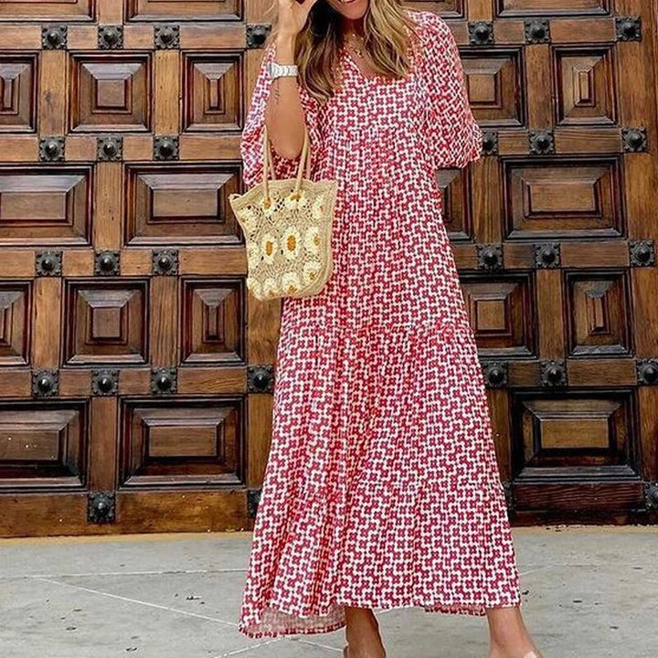 "Elegante bohemian jurk met geometrisch patroon, wijde mouwen, ideaal voor dames, zomers trendy en ademend ontwerp."