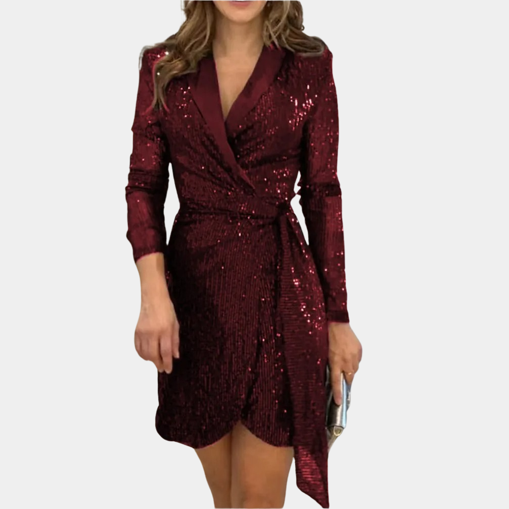 "Elegante bordeauxrode blazerjurk met luxueuze pailletten, diepe V-hals en ceintuur, asymmetrische zoom voor glamour"
