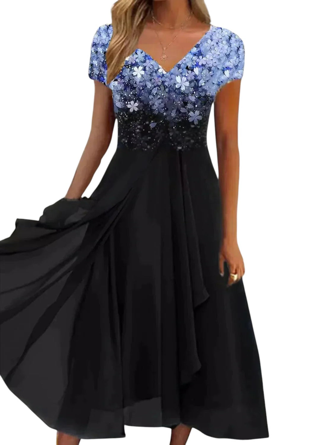 "Elegante chiffon feestjurk met V-hals, perfect voor bruiloften; lichte stof met vloeiende pasvorm voor dames."