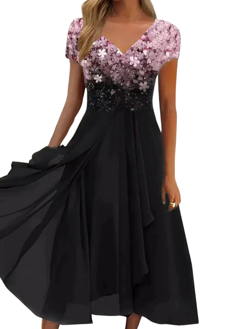 "Elegante chiffon feestjurk met V-hals, perfect voor bruiloften; lichte stof met vloeiende pasvorm voor dames."