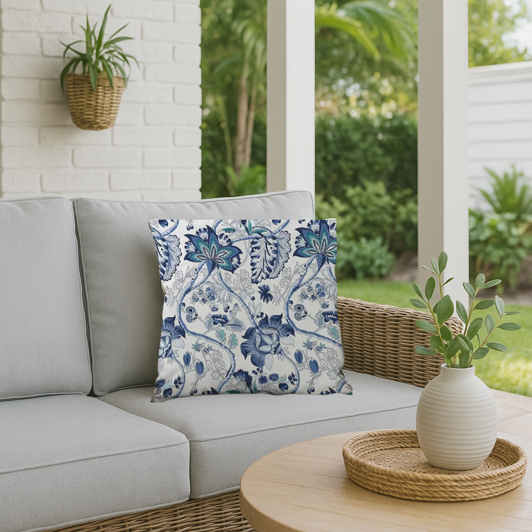 "Elegante CoastalBloom kussenhoes met bloemmotief, past in elk interieur, biedt comfort en bescherming tegen slijtage."