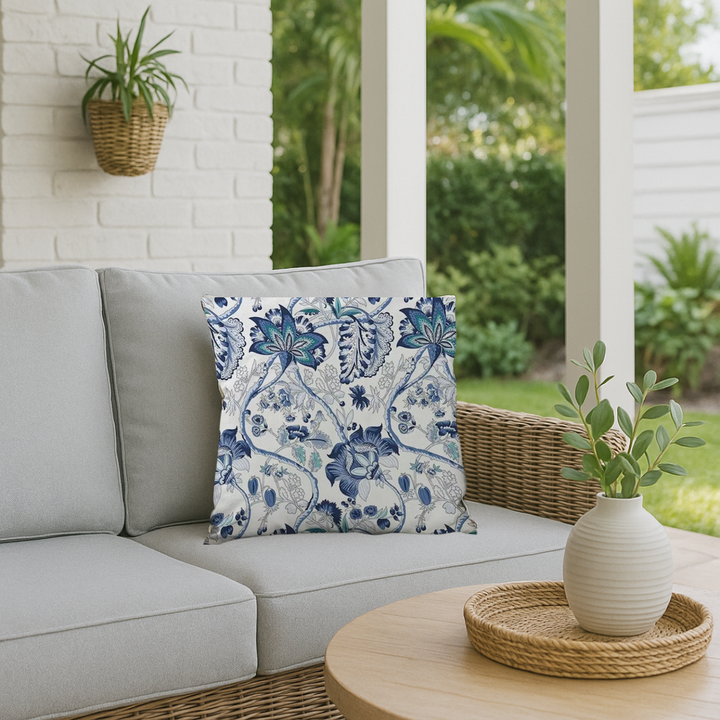 "Elegante CoastalBloom kussenhoes met bloemmotief, past in elk interieur, biedt comfort en bescherming tegen slijtage."