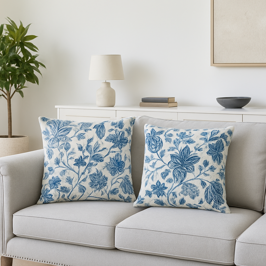 "Elegante CoastalBloom kussenhoes met bloemmotief, past in elk interieur, biedt comfort en bescherming tegen slijtage."