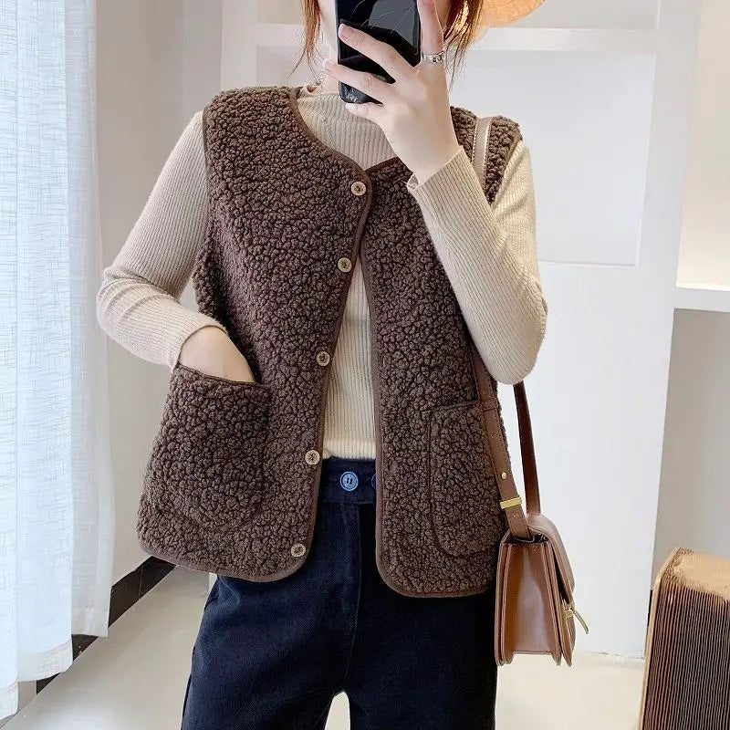 "Elegante dames fleece vest met knoopsluiting en zakken, beige, mouwloos, ideaal voor herfst en winter."