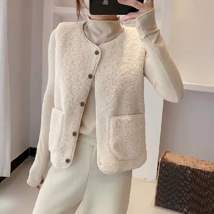"Elegante dames fleece vest met knoopsluiting en zakken, beige, mouwloos, ideaal voor herfst en winter."