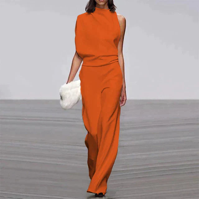 "Elegante dames jumpsuit met mock-turtleneck, wijde pasvorm en mouwloos ontwerp, ideale zomerlook in effen kleur."