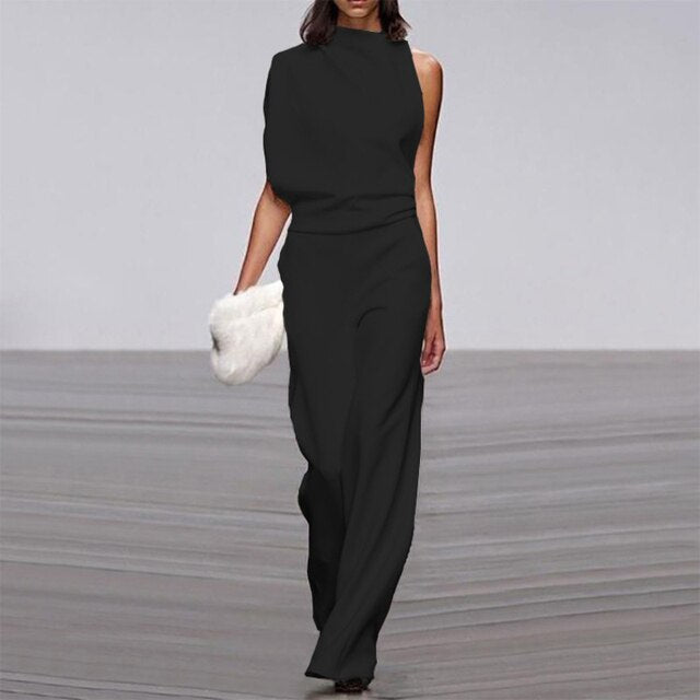 "Elegante dames jumpsuit met mock-turtleneck, wijde pasvorm en mouwloos ontwerp, ideale zomerlook in effen kleur."