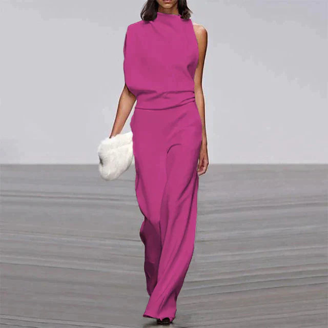 "Elegante dames jumpsuit met mock-turtleneck, wijde pasvorm en mouwloos ontwerp, ideale zomerlook in effen kleur."