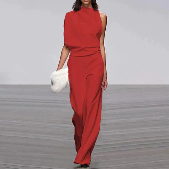 "Elegante dames jumpsuit met mock-turtleneck, wijde pasvorm en mouwloos ontwerp, ideale zomerlook in effen kleur."