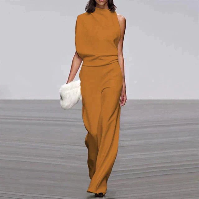 "Elegante dames jumpsuit met mock-turtleneck, wijde pasvorm en mouwloos ontwerp, ideale zomerlook in effen kleur."