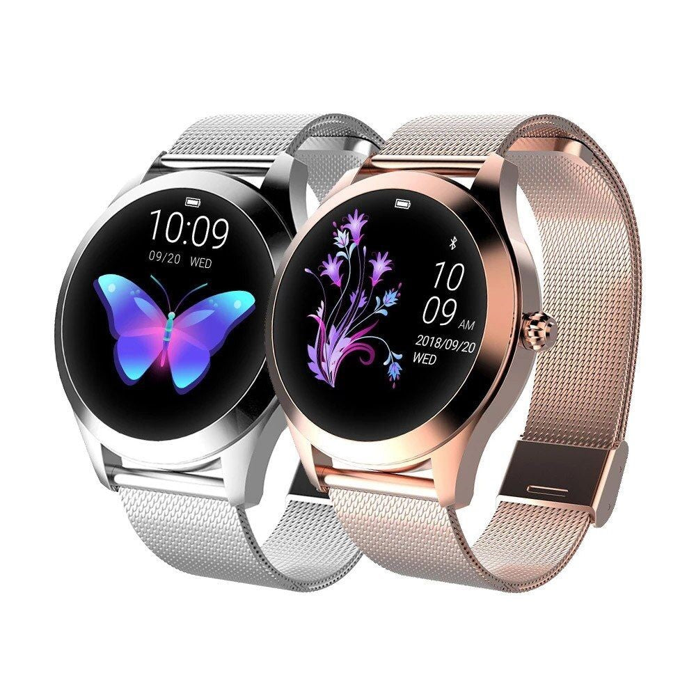 "Elegante dames smartwatch in goud, roestvrij staal, met metalen band voor gezondheid en activiteitstracking."