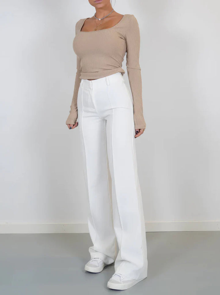 "Elegante grijze damesbroek met slim-fit en wijde pijpen van duurzame polyester voor zowel casual als formele looks."