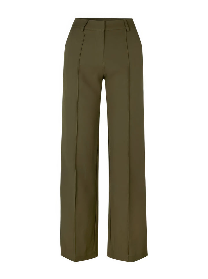 Elegante high-waist pantalon dames met rechte pijpen, zachte stretchstof, blinde ritssluiting; modieus en comfortabel.