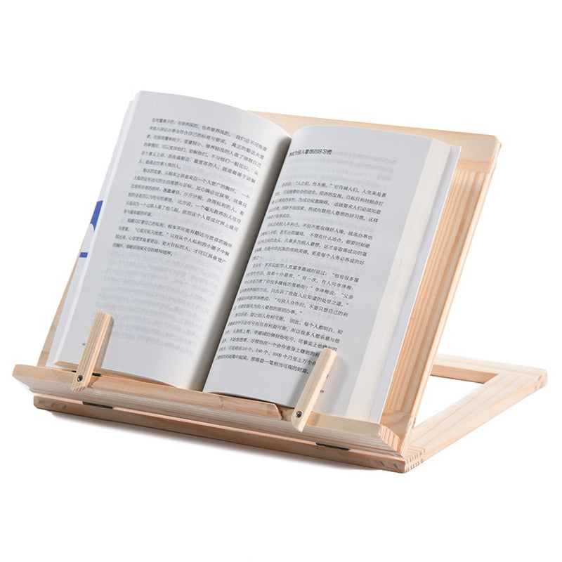 "Elegante houten boekenstandaard; multifunctioneel voor boeken, tablets en laptops; duurzame, stijlvolle afwerking."