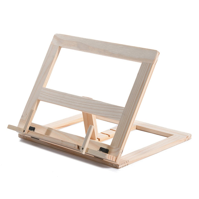 "Elegante houten boekenstandaard; multifunctioneel voor boeken, tablets en laptops; duurzame, stijlvolle afwerking."
