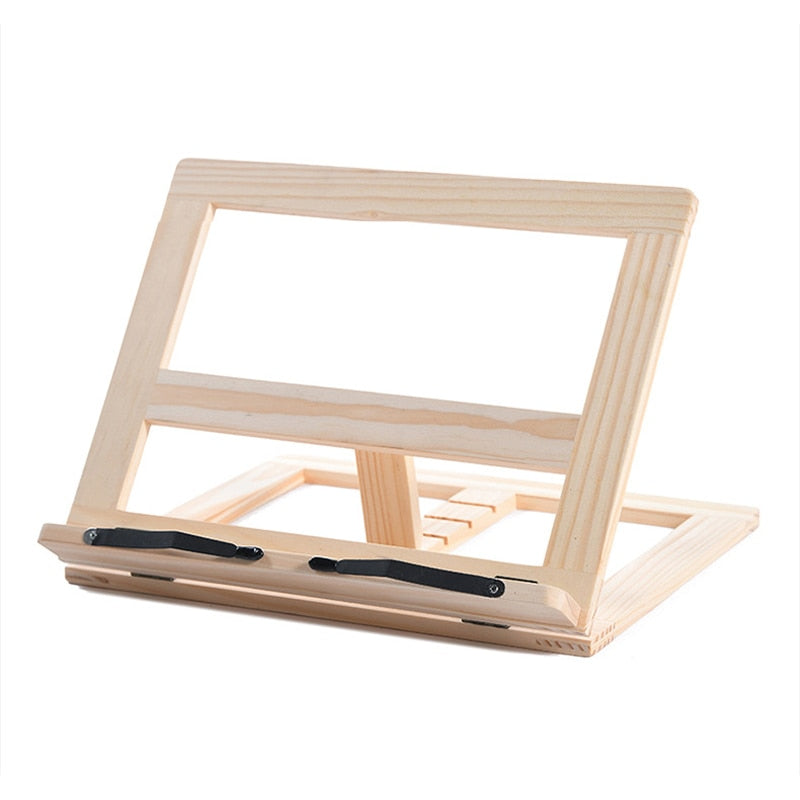 "Elegante houten boekenstandaard; multifunctioneel voor boeken, tablets en laptops; duurzame, stijlvolle afwerking."