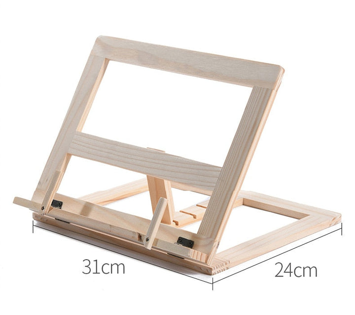 "Elegante houten boekenstandaard; multifunctioneel voor boeken, tablets en laptops; duurzame, stijlvolle afwerking."