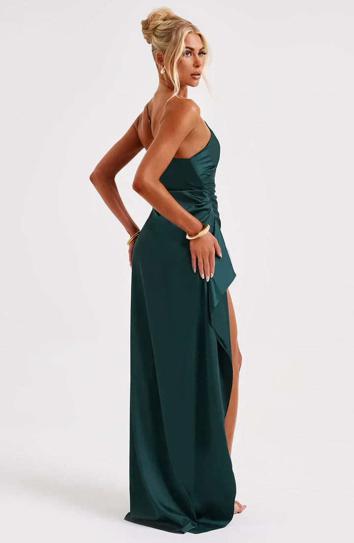 "Elegante Jaida satijnen avondjurk, rood, met asymmetrisch een-schouder ontwerp en hoge zijsplit, damesmode."