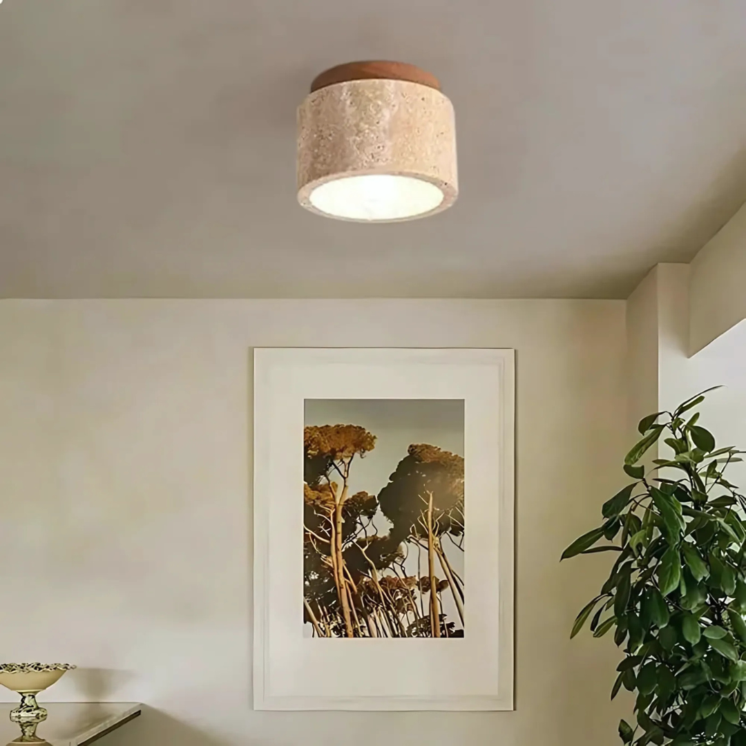 "Elegante Japanse plafondlamp van marmer en hout, modern design, warm licht, perfecte verlichting voor woon- en slaapkamers."