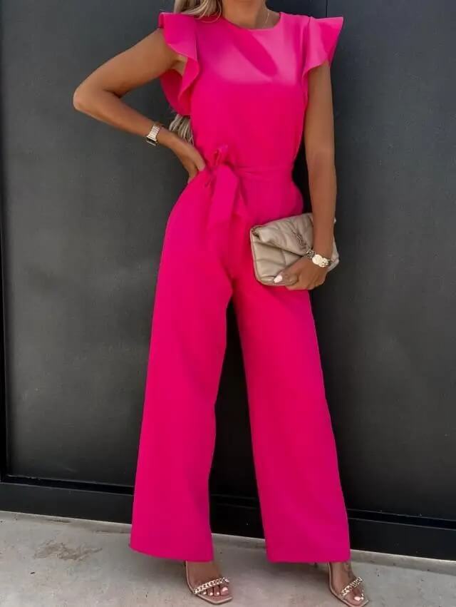 "Elegante jumpsuit met vlindermouwen en brede pijpen, combineert stijl en comfort voor dames, ideaal voor elke gelegenheid."