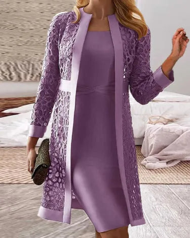 "Elegante kanten vestjurk set met los vest, luxe uitstraling, perfecte pasvorm, geschikt voor chique dames, comfortabele stof