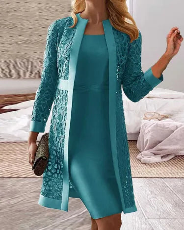 "Elegante kanten vestjurk set met los vest, luxe uitstraling, perfecte pasvorm, geschikt voor chique dames, comfortabele stof