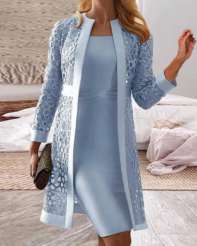 "Elegante kanten vestjurk set met los vest, luxe uitstraling, perfecte pasvorm, geschikt voor chique dames, comfortabele stof