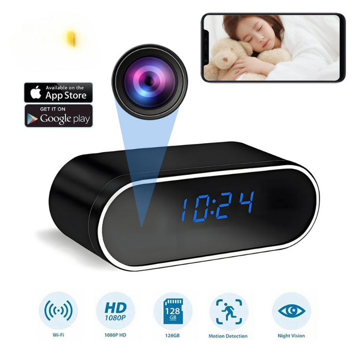 "Elegante klok met verborgen HD mini-camera, 1080P-resolutie, bewegingsdetectie en nachtzicht voor discrete beveiliging."
