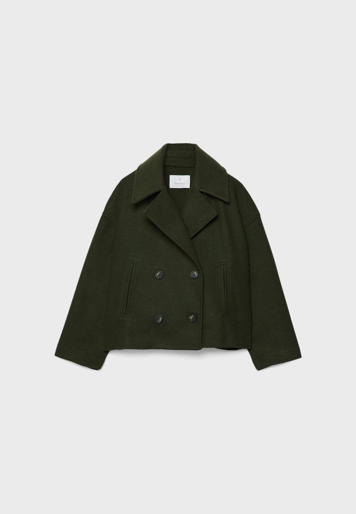 "Elegante korte double-breasted jas van luxe wolmix stof, cropped lengte, knoopsluiting, stijlvol en tijdloos design."