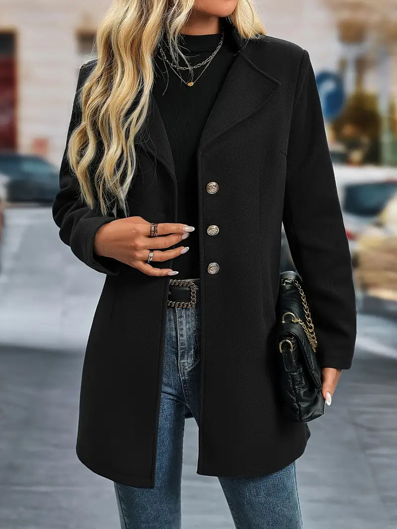 "Elegante lange damesjas, warm, subtiele afwerking, nette kraag, ideaal voor herfst en winter, comfort en stijl"