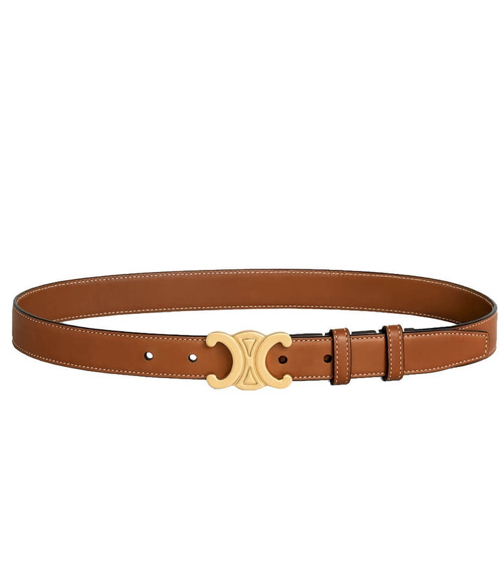 "Elegante lederen damesriem, bruin met gouden gesp, veelzijdig en stijlvol, perfect als modieus accessoire."