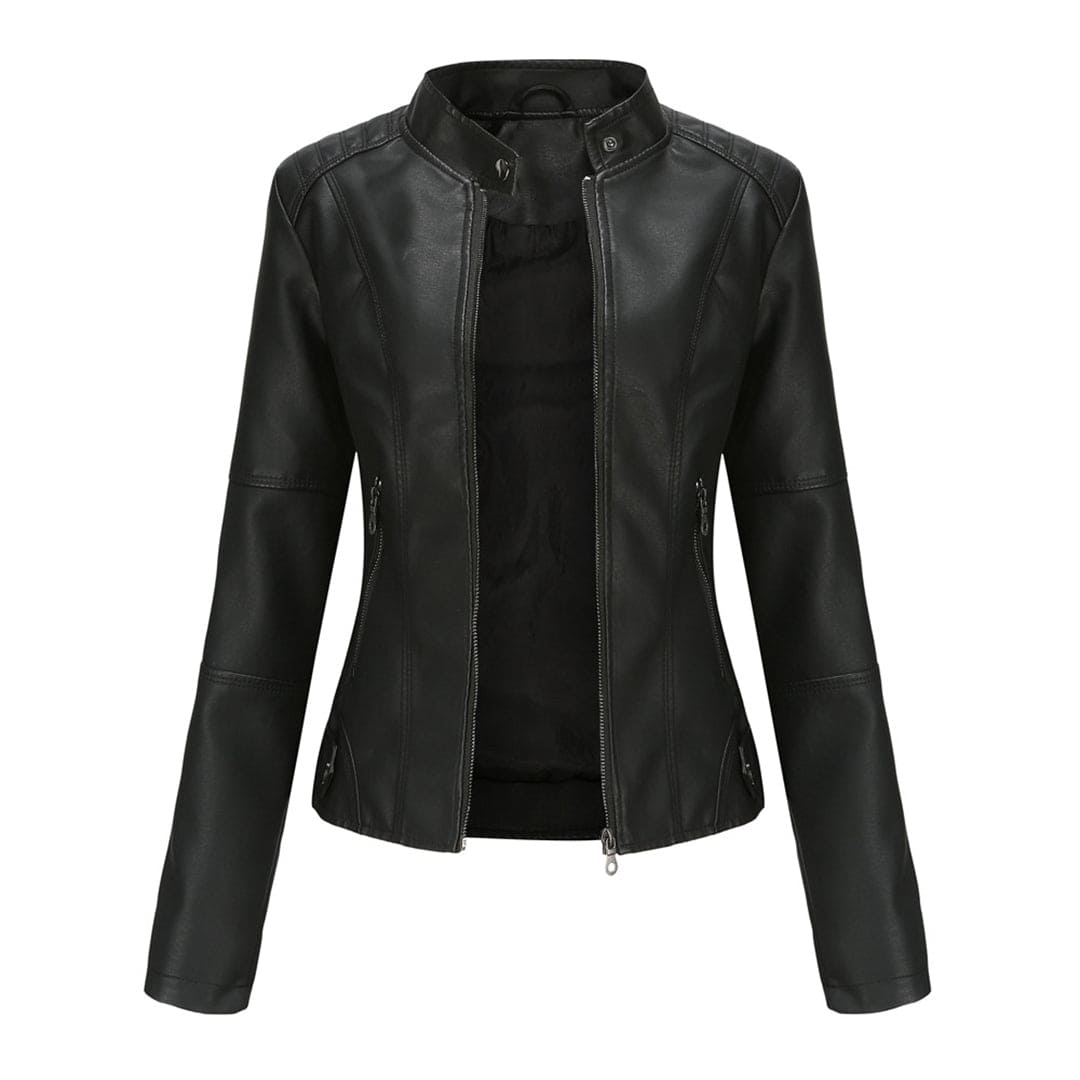Elegante leren jas dames met lange mouwen, slanke fit, opstaande kraag in hoogwaardig PU-leer voor een luxe look.