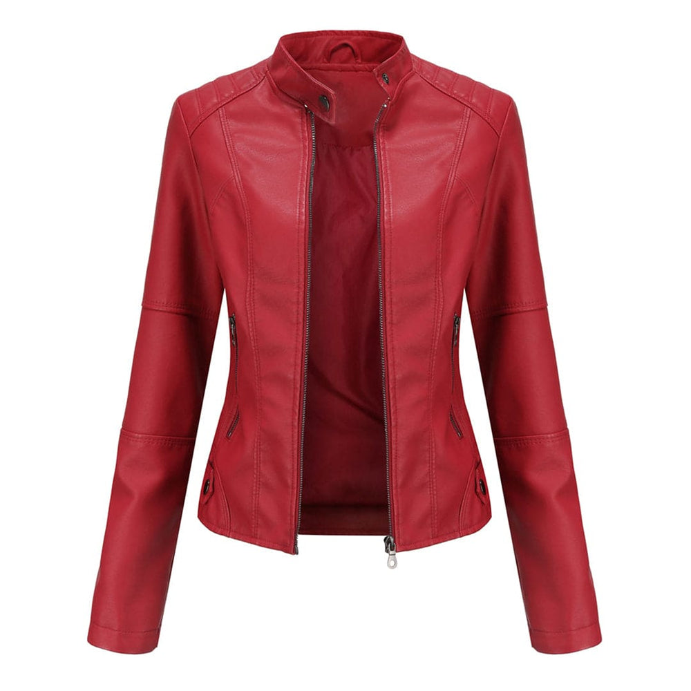 Elegante leren jas dames met lange mouwen, slanke fit, opstaande kraag in hoogwaardig PU-leer voor een luxe look.