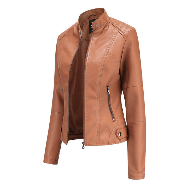 Elegante leren jas dames met lange mouwen, slanke fit, opstaande kraag in hoogwaardig PU-leer voor een luxe look.