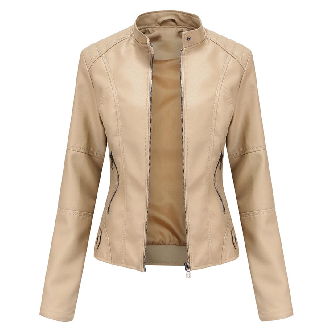 Elegante leren jas dames met lange mouwen, slanke fit, opstaande kraag in hoogwaardig PU-leer voor een luxe look.