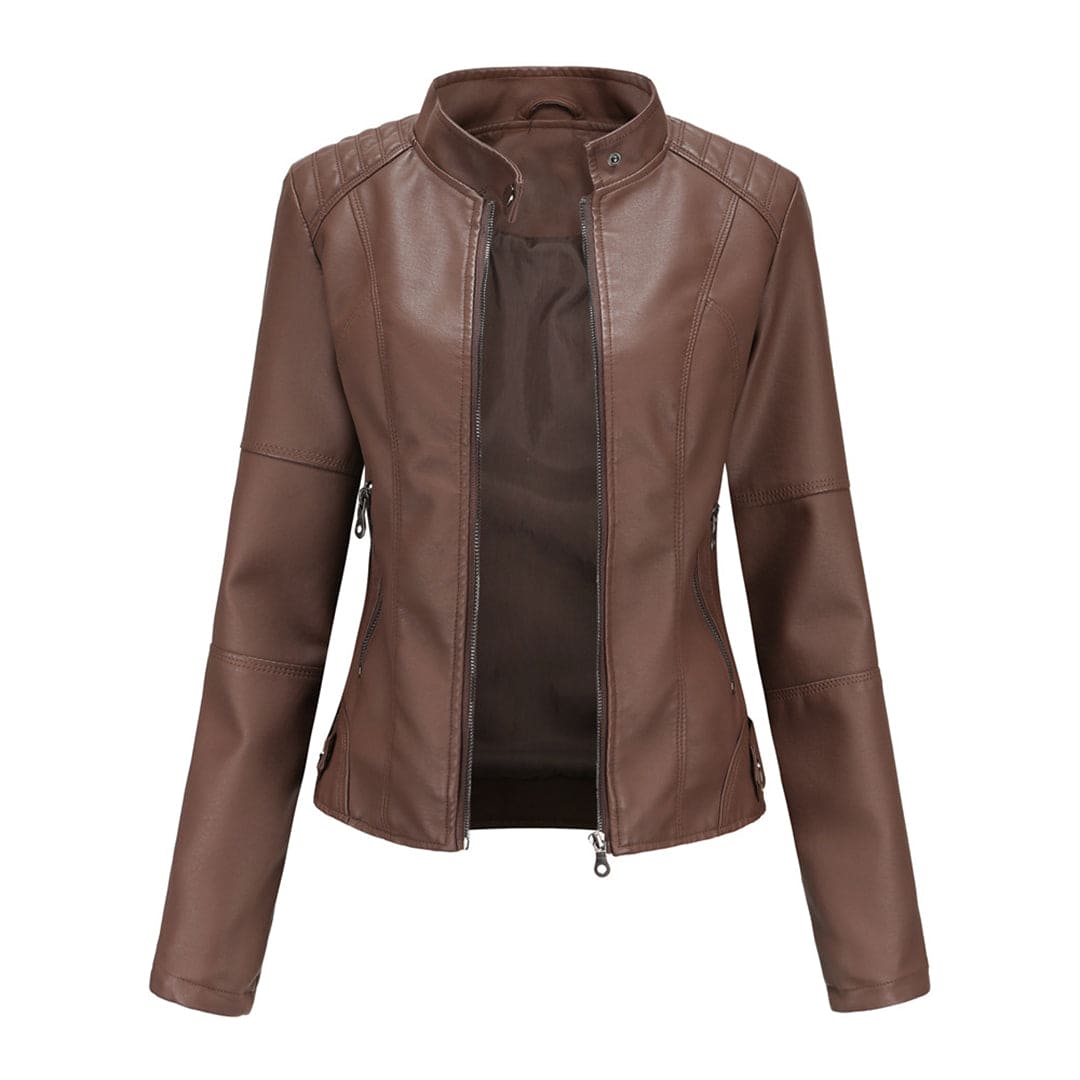 Elegante leren jas dames met lange mouwen, slanke fit, opstaande kraag in hoogwaardig PU-leer voor een luxe look.