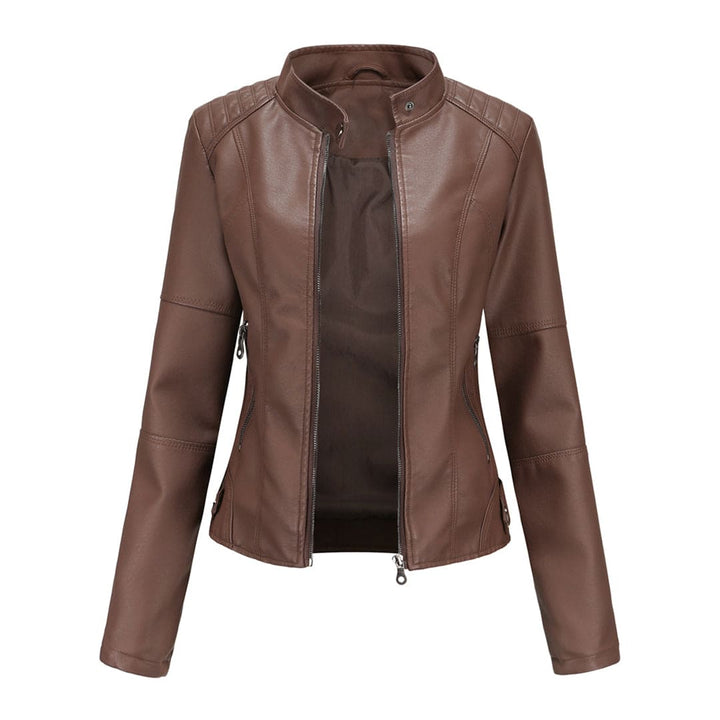 Elegante leren jas dames met lange mouwen, slanke fit, opstaande kraag in hoogwaardig PU-leer voor een luxe look.