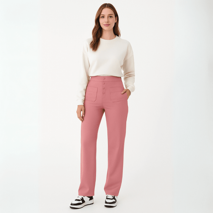 "Elegante lichtgewicht stretch broek met hoog tailleontwerp en praktische zakken, ideaal voor comfort en moderne stijl."