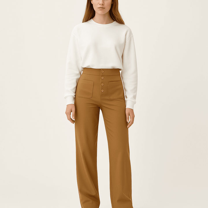 "Elegante lichtgewicht stretch broek met hoog tailleontwerp en praktische zakken, ideaal voor comfort en moderne stijl."