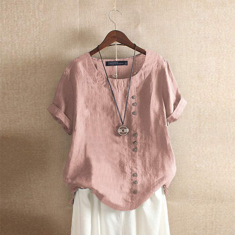 "Elegante linnen blouse dames, korte mouw, knoopsluiting, ademende stof, perfect voor elke gelegenheid."