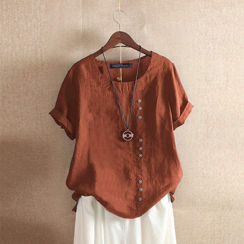 "Elegante linnen blouse dames, korte mouw, knoopsluiting, ademende stof, perfect voor elke gelegenheid."