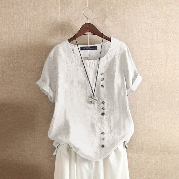 "Elegante linnen blouse dames, korte mouw, knoopsluiting, ademende stof, perfect voor elke gelegenheid."