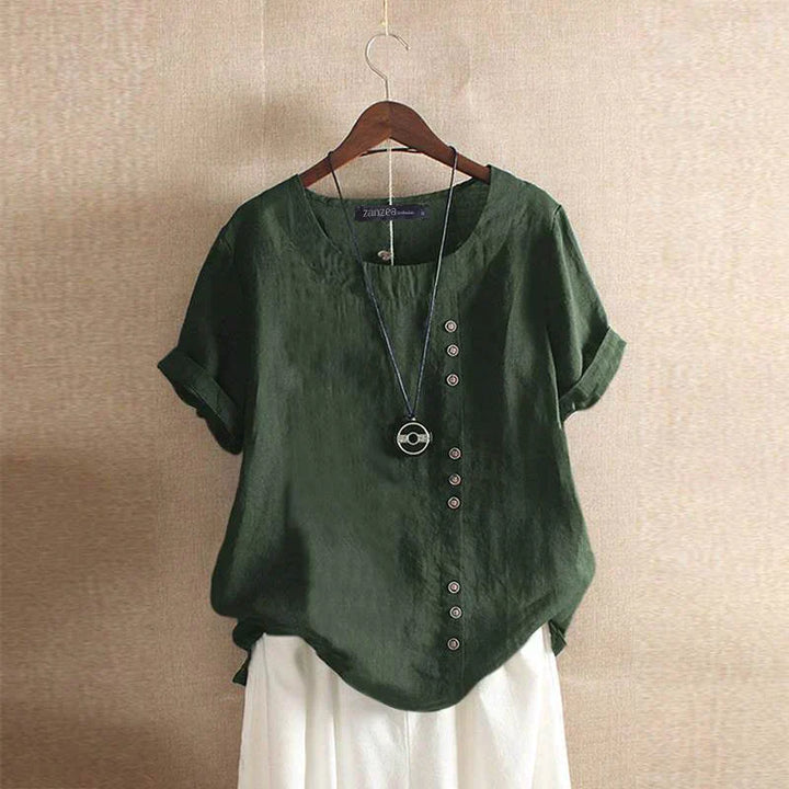 "Elegante linnen blouse dames, korte mouw, knoopsluiting, ademende stof, perfect voor elke gelegenheid."