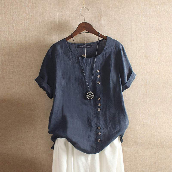 "Elegante linnen blouse dames, korte mouw, knoopsluiting, ademende stof, perfect voor elke gelegenheid."