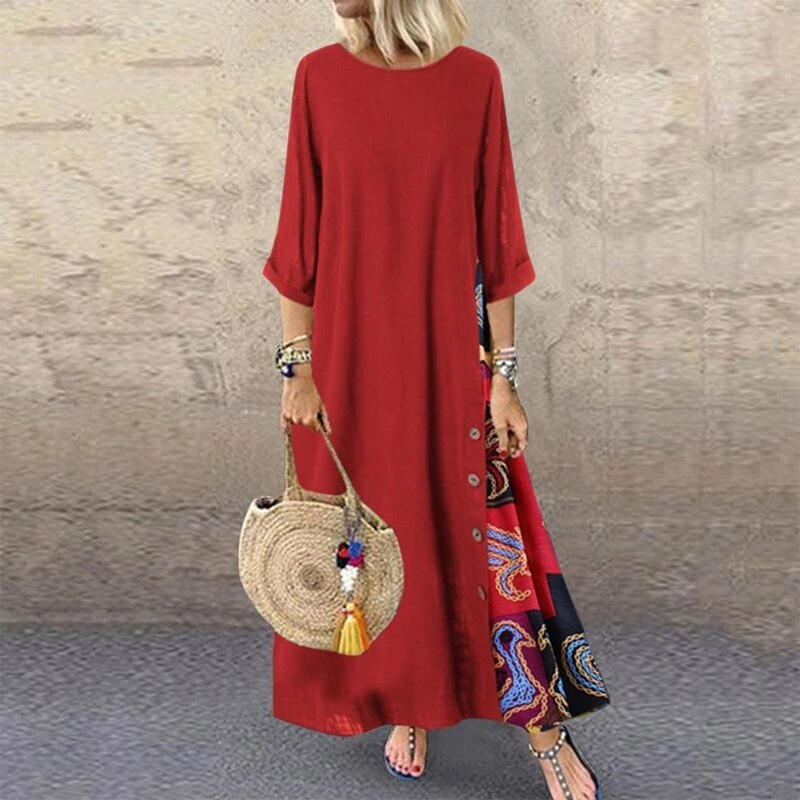 "Elegante maxi zomerjurk voor dames in katoen en linnen, O-hals, zijaanzicht, subtiele zijknoppen, comfortabel en stijlvol."