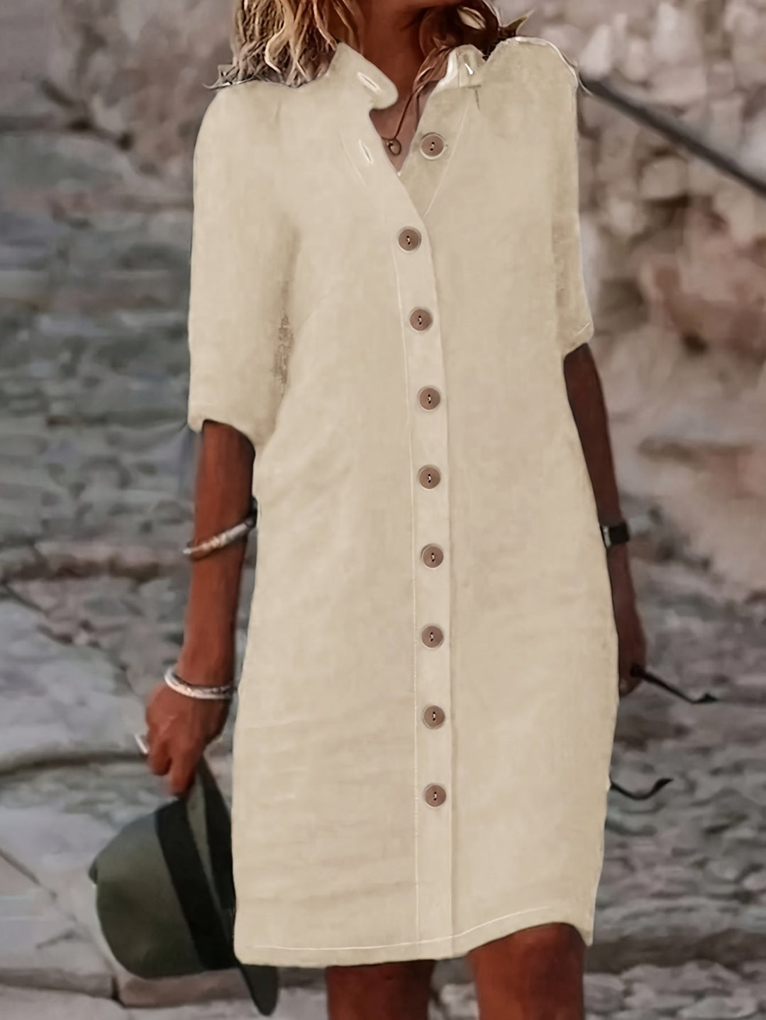 "Elegante midi jurk met knoopsluiting in effen kleur van comfortabele polyester mix, voor casual en semi-formele gelegenheden