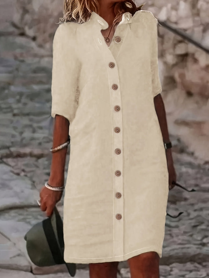 "Elegante midi jurk met knoopsluiting in effen kleur van comfortabele polyester mix, voor casual en semi-formele gelegenheden