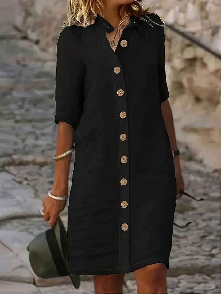 "Elegante midi jurk met knoopsluiting in effen kleur van comfortabele polyester mix, voor casual en semi-formele gelegenheden