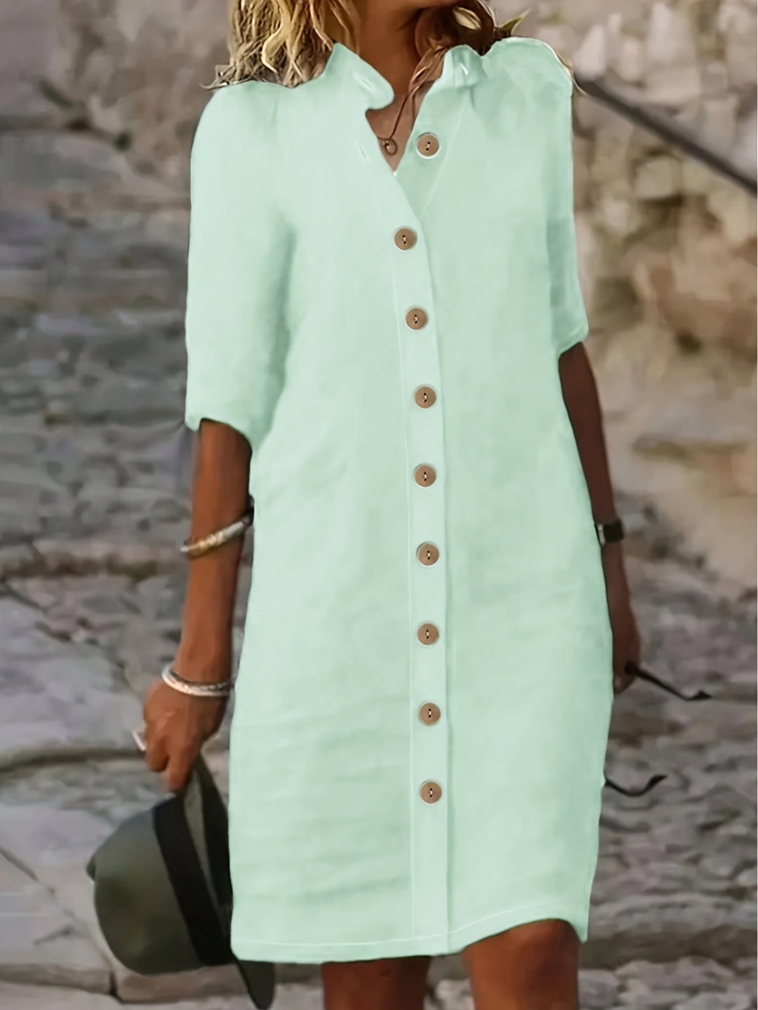 "Elegante midi jurk met knoopsluiting in effen kleur van comfortabele polyester mix, voor casual en semi-formele gelegenheden